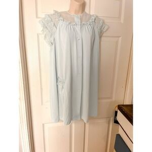 VTG SHADOWLINE Nightgown Flutter Sleeve Pale Blue Embroidered M Nylon Has Pocket